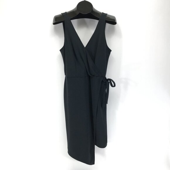 A New Day Sleeveless Faux Wrap Dress Women's Medium Black Surplice Stretch LBD - Picture 1 of 11